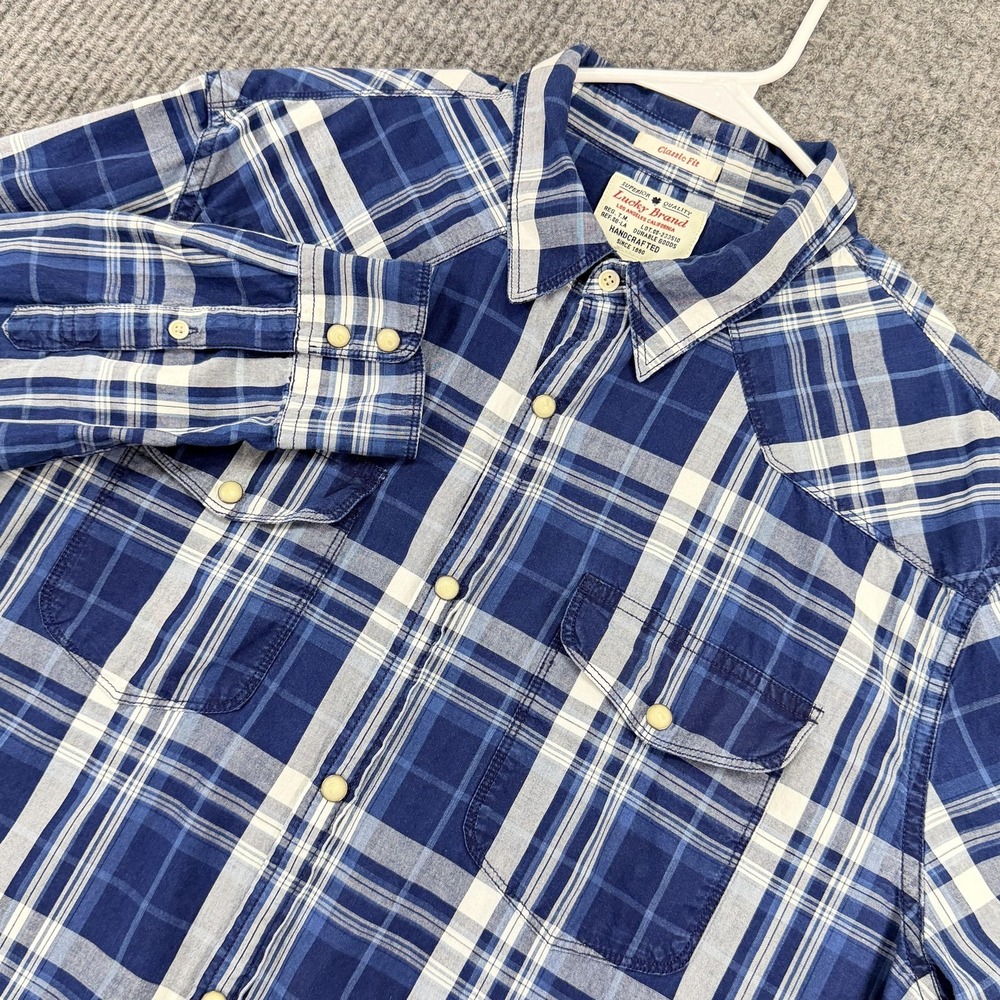 Lucky Brand Shirt Mens Large Blue Plaid Western Snap Button Cotton Long Sleeve